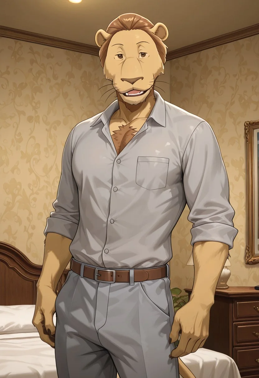 masterpiece, best quality, amazing quality, very aesthetic, absurdres, newest, high quality, detailed, male, solo male, 1oldman, 47 years old, late middle-age, MayorBeastars, anthro, lion, mature male, athletic build, brown eyes, brown hair, animal ears, broad shoulders, chest hair, chest, body hair, gray shirt, pants, indoors, standing, standing, grand bedroom, looking at viewer, smiling, volumetric lighting