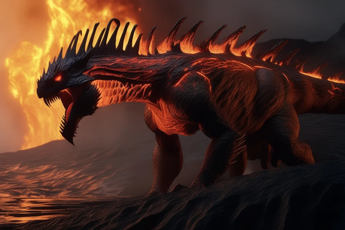 Horror-themed Ultra detailed textures, masterpiece, cgi art, ultra defined colors, 8k, cinematic, wide-angle shot, basx, in the fiery glow of an active volcanic crater, a metallic red basilisk is looking at the viewer, its body coiled in a predatory arc. The heat distorts the air, creating shimmering waves around its form, while its scales glisten with a molten, lava-like glow. A side angle shot enhances the dynamism of its pose, with the vibrant reds and oranges of the lava contrasting against the dark, rocky surroundings. Smoke and embers swirl around it, adding to the ferocious energy of the moment.
<lora:Basilisk:1> basx . Eerie, unsettling, dark, spooky, suspenseful, grim, highly detailed