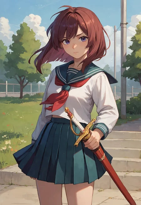 score_9, score_8_up, score_7_up, 1girl, sheathed sword, serafuku, school uniform, pleated skirt
<lora:sheathed_sword_pony_1_final:1>