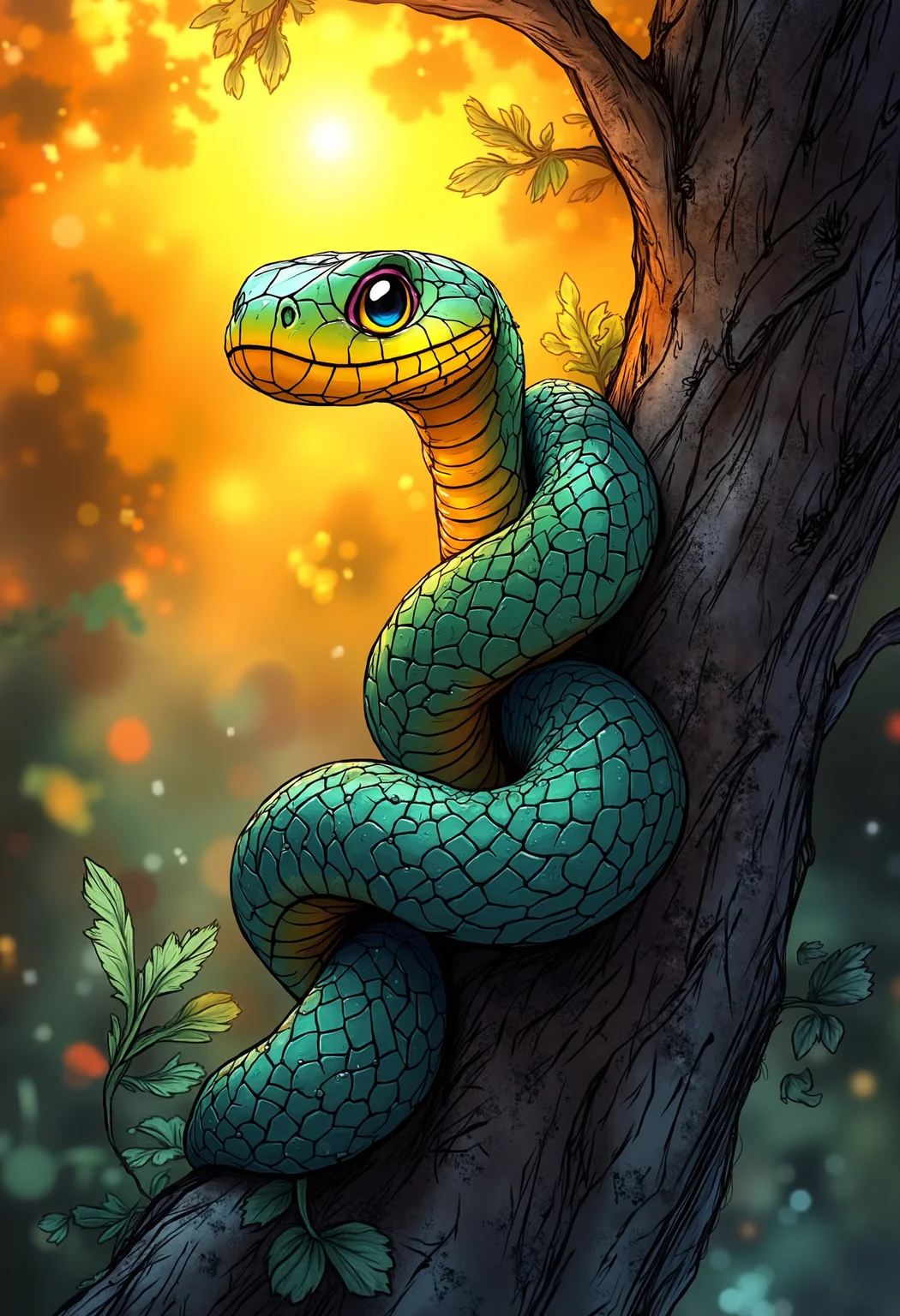 a beautiful green snake winding around a tree trunk, eye contact, sunrise mood