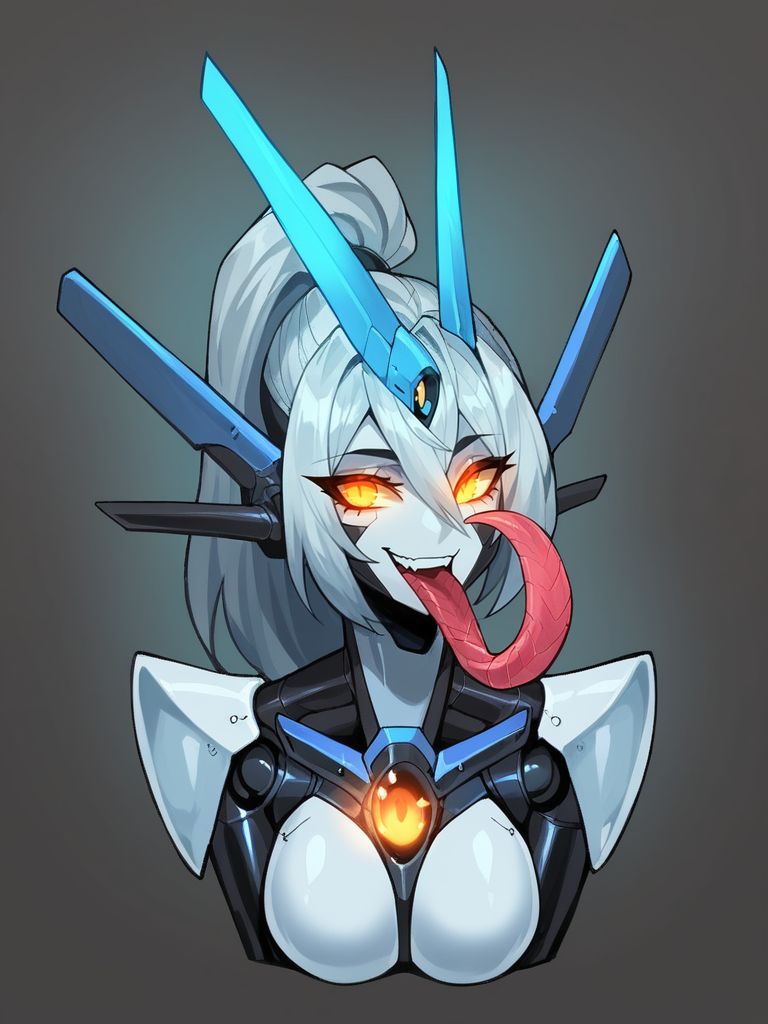 Score_9, score_8_up, score_7_up, score_6_up,  source_anime, solo, 1girl, upper body, portrait, BREAK, (machina), robot, glowing eyes, long mechanical tongue, sharm girl, BREAK,  <lora:Machina_Corruption_Omega_Processor_Pony:1>