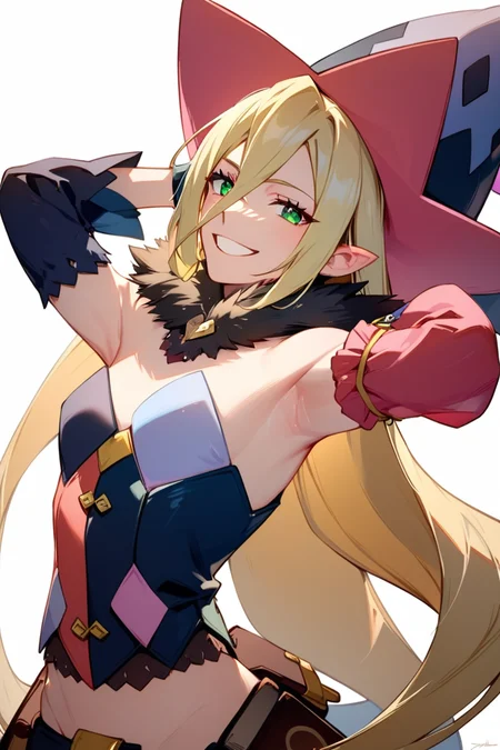 score_9, score_8_up, score_7_up, very aesthetic, source_anime, detailed, high quality, beautiful, masterpiece, detailed eyes,
forest, ruins,
<lora:lightXL:0.8>
dynamic angle, from below, from behind, close up, upper body,
grin, looking at viewer, hand over head, armpit, dynamic pose,
<lora:magilou_autismConfetti_v01:0.95>
magilou \(tales\), blonde hair, very long hair, green eyes, hair between eyes, pointy ears,
bare shoulders, hat, mismatched sleeves, asymmetrical sleeves, detached sleeves, fur collar, fur-trimmed collar, mismatched legwear, asymmetrical footwear, mismatched footwear, strapless,, zPDXL