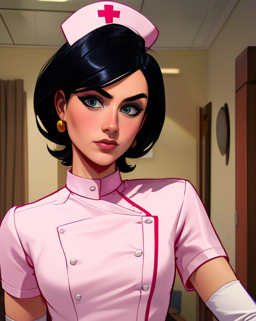 Girlfriend, black short hair, earrings, standing, upper  body, bored expression,
GirNur,  short white gloves , very small nurse cap,  pink dress, white boots, 
evil lair, desk job,
(insanely detailed, beautiful detailed face, masterpiece, best quality)   <lora:Girlfriend:0.8>