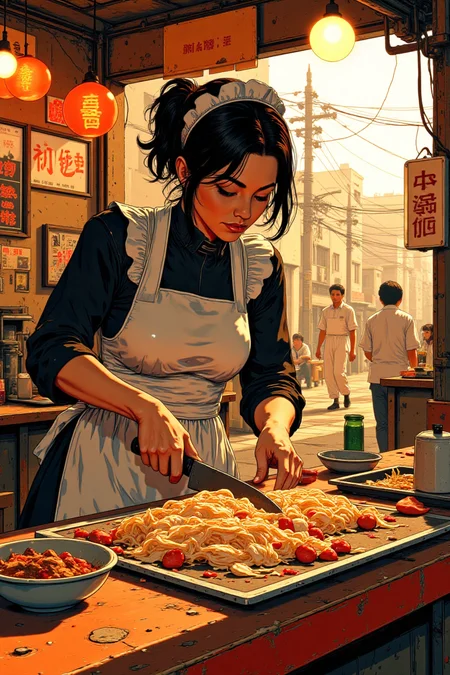 A stylish comic book illustration, Miranda Lawson in black and white maid uniform, expertly chopping onions at a vibrant ramen stall, at mAAch ecute Kanda Manseibashi dining complex, Tokyo. Golden hour lighting, dramatic sun rays reflecting off Kanda River. Y2K aesthetic, neon signs glowing, nostalgic early 2000s atmosphere. Cinematic composition, shallow depth of field, high contrast lighting, People walking in the background, c0mix2