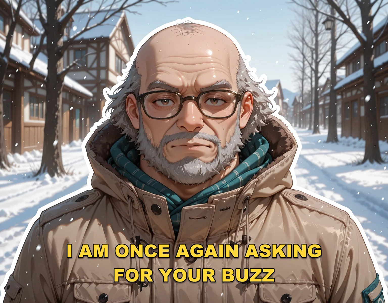 8k, 4k, masterpiece, best quality, amazing quality, very aesthetic, absurdres,
BREAK
1boy, old man,( chubby:0.8), short gray hair,( no beard:1.2), (balding:1.4), glasses, brown winter jacket,
BREAK
facing viewer, looking at viewer, speaking, serious, (white outline around character:1.4),
BREAK
winter, snowy ground, blurry background,
BREAK
dynamic lighting, volumetric lighting,
BREAK
whinyzza, artist:moriimee, Buzz2