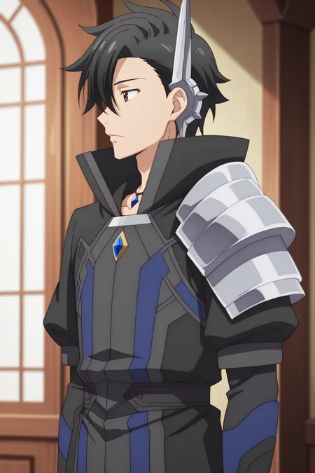 masterpiece, best quality, amazing quality,high resolution, intricate details,official style,depth of field,anime screencap,anime coloring, , , 1boy, solo, male focus, <lora:kelvin_celsius:0.84>,kelvin celsius,black hair,black eyes,side swept,short hair,profile,black coat,accessory,jewelry,shoulder armor,expressionless,indoors,from side