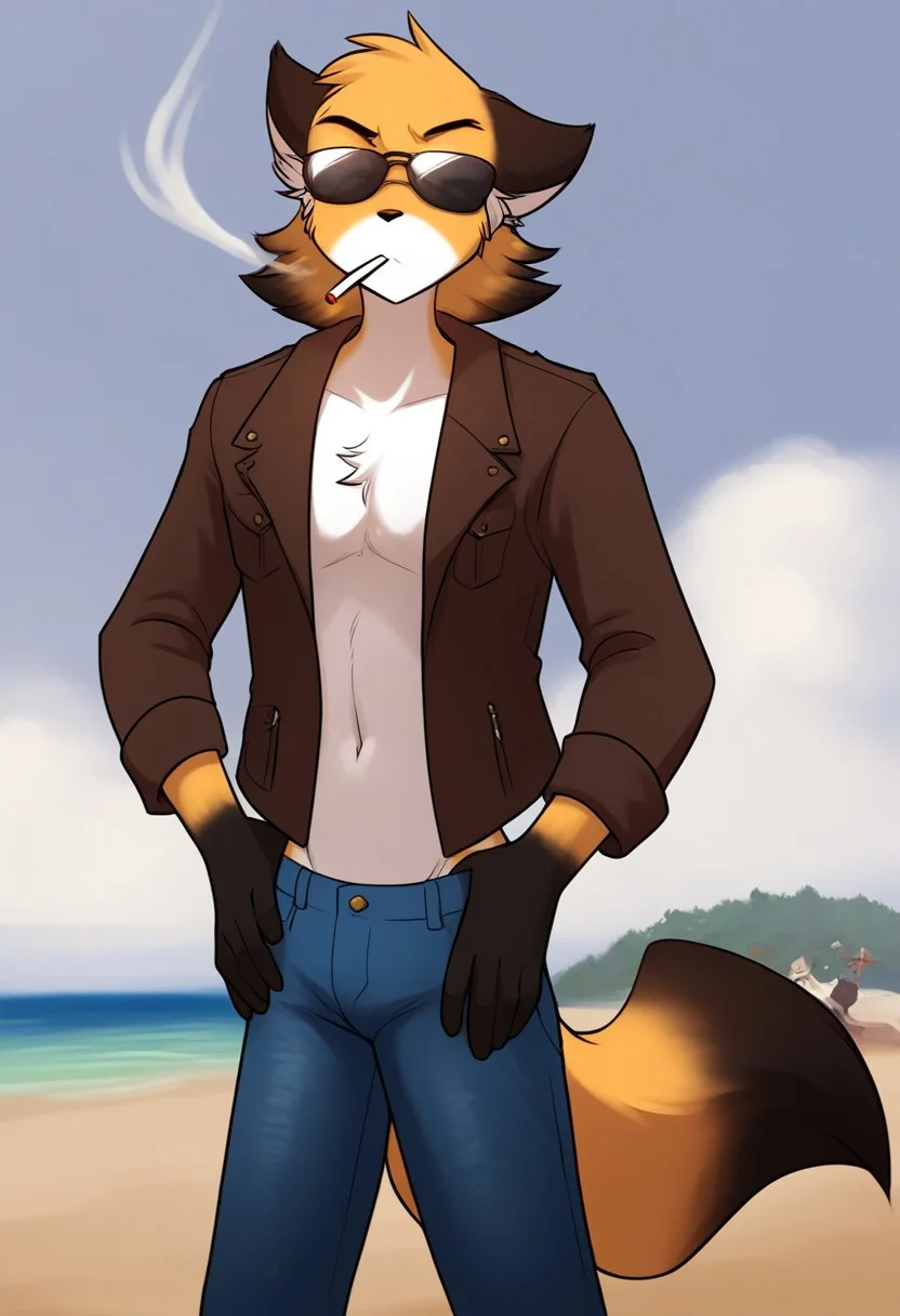 score_9, score_8_up, score_7_up, score_6_up,source_furry, rating_explicit, solo, solo focus, male, 1boy, standing, brown leather jacket, white shirt, black sunglasses, american jeans, serious expression, thin waist, flat stomach, serious pose, looking at viewer, hands on waist, fluffy tail, beach, resort, palm tree, mike-twokinds, smokes a cigarette, A cigarette in mouth, detailed, perfect fingers, five fingers