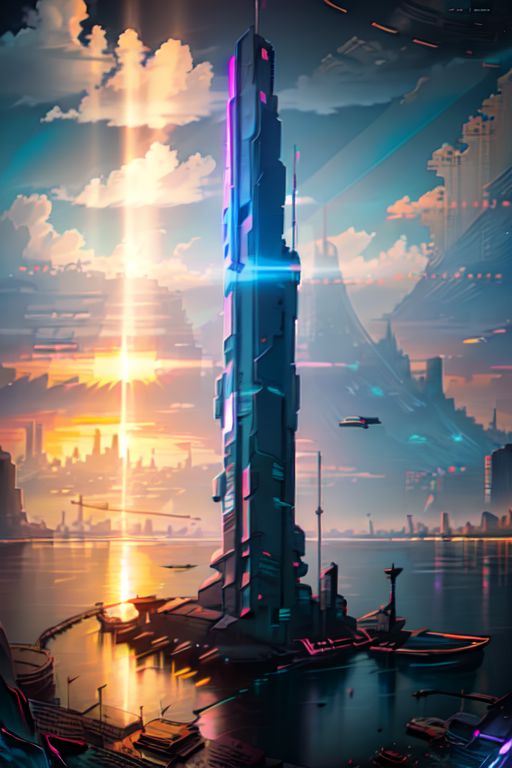 (Realistic:1.5) EdobSyFyCityLandscape, light rays, sunset, ocean, neon lights, lights, city lights, from behind, reflection, tower, silhouette, <lora:EdobSyFyCityLandscape_v1.0:0.8>