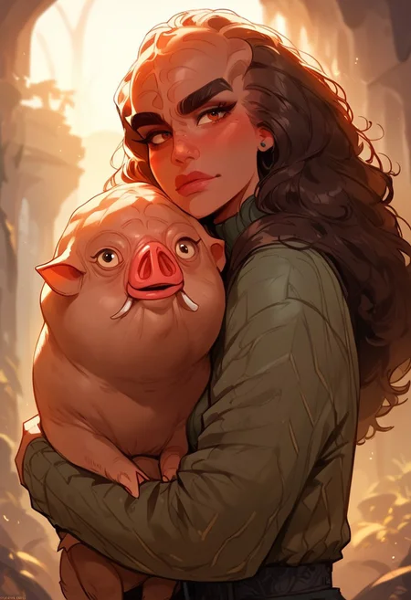 score_9, score_8_up, score_7_up, score_6_up, p3tl0v3, 1girl, kling0n alien female, dark brown skin, large forehead ridges, large eyebrows, hugging an adorable alien warthog creature,