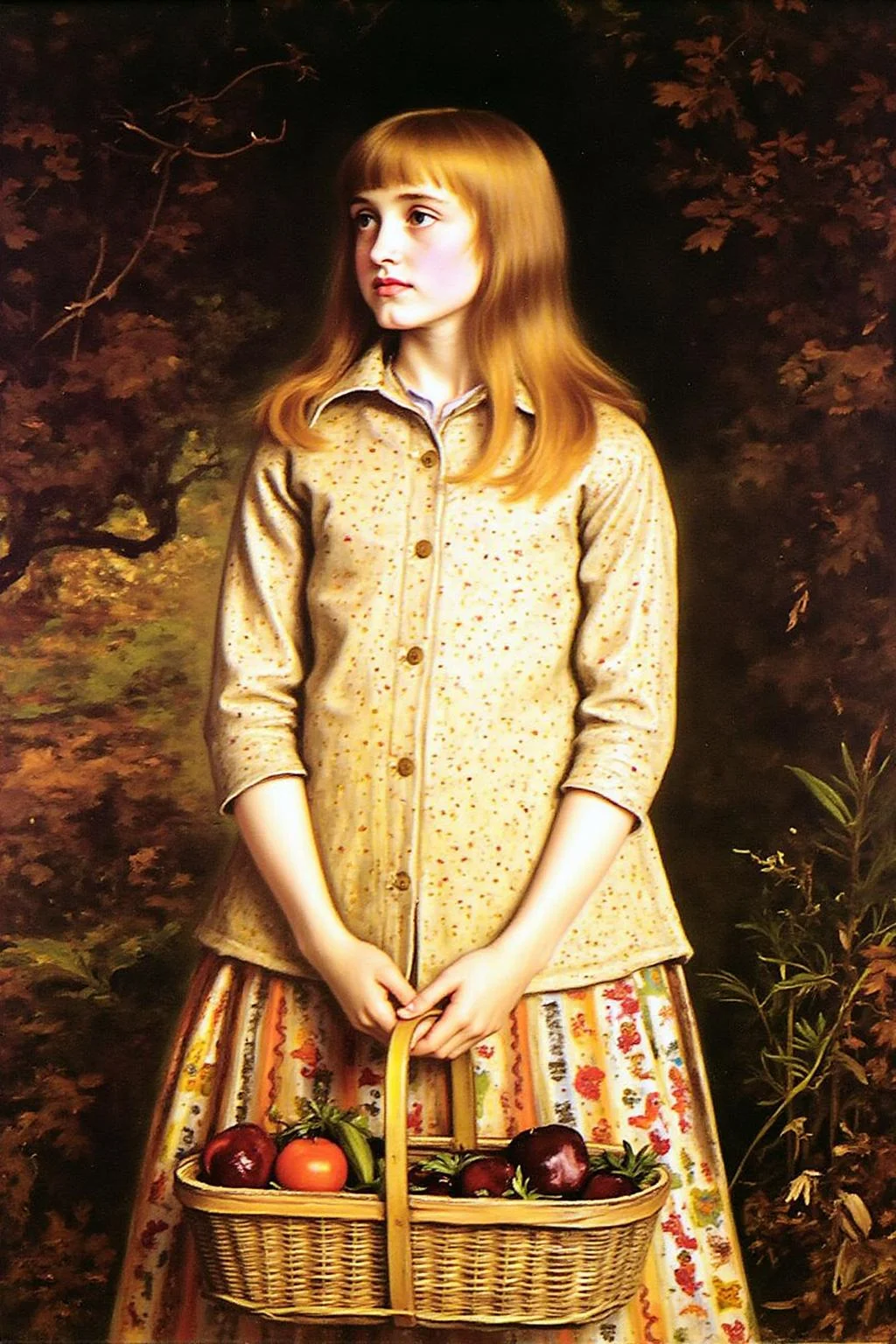 jem1 painting. 
A young girl standing outdoors. She is depicted in a serene, contemplative pose, looking slightly to her right, with a gentle, melancholic expression. She has long, straight, light brown hair with bangs that frame her face. She is carrying a basket with both hands. <lora:jem1_cap_d6a3:1.0><lora:822888693082853809:0>