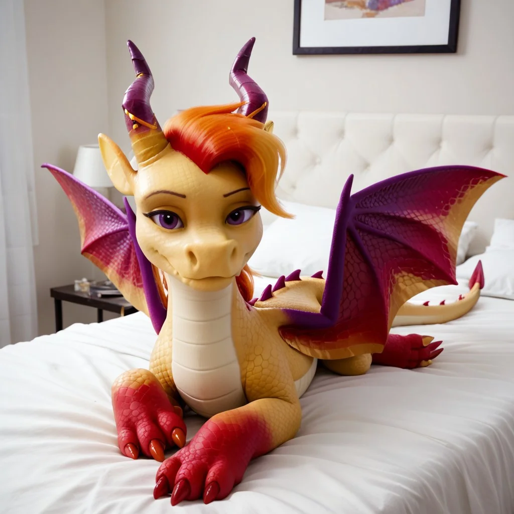 score_9, score_8_up, score_7_up, score_6_up, score_5_up, score_4_up, masterpiece, high quality, realistic, detailed, best quality, white bed, solo, rating_safe, source_furry, bedroom, smiling, seductive, looking at viewer, on bed, lying on belly, luxxe_mlpg5, dragon, yellow scales, purple wings, horns, claws, orange hair, tail, female, 1girl, purple eyes, feral, (red feet, red claws:1.1)