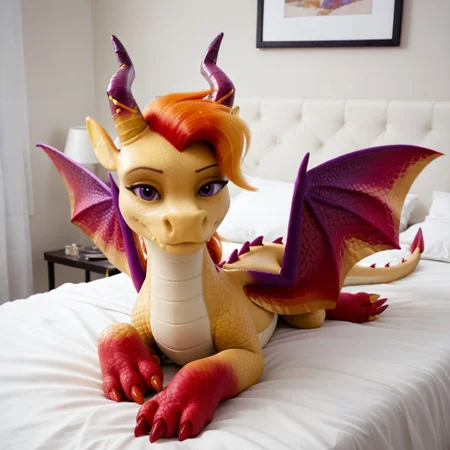 score_9, score_8_up, score_7_up, score_6_up, score_5_up, score_4_up, masterpiece, high quality, realistic, detailed, best quality, white bed, solo, rating_safe, source_furry, bedroom, smiling, seductive, looking at viewer, on bed, lying on belly, luxxe_mlpg5, dragon, yellow scales, purple wings, horns, claws, orange hair, tail, female, 1girl, purple eyes, feral, (red feet, red claws:1.1)