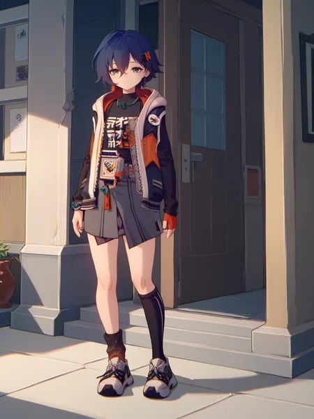 score_9, score_8_up, score_7_up, BREAK, BelleZZZ, short blue hair, orange hairpin, black T-shirt, green pendant, unbuttoned jacket, audio player on belt, one fingerless glove, gray skirt, one black stocking, one sock, sneakers, tired, fatigued, weary, on all four, broken vase <lora:BelleZZZ:1>