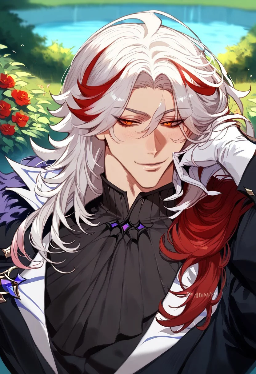 anime artwork, score_9, score_8_up, score_7_up, score_6_up, score_5_up, 1boy, multicolored hair, red eyes, garden, fountain, sunny, bliss, smiling, white hair, mostly white hair, wolf cut, red streak of hair, black butler outfit, wolf cut, medium length hair, handsome, white gloves, sword on hip, detailed clothing, masterpiece, straight hair, suit, cotton gloves, solo, closer to the face, seductive look,
<lora:Floox_Style:1>, long hair, detailed eyes, close up, long hair, detailed hair, crimson eyes