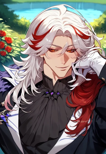 anime artwork, score_9, score_8_up, score_7_up, score_6_up, score_5_up, 1boy, multicolored hair, red eyes, garden, fountain, sunny, bliss, smiling, white hair, mostly white hair, wolf cut, red streak of hair, black butler outfit, wolf cut, medium length hair, handsome, white gloves, sword on hip, detailed clothing, masterpiece, straight hair, suit, cotton gloves, solo, closer to the face, seductive look,
<lora:Floox_Style:1>, long hair, detailed eyes, close up, long hair, detailed hair, crimson eyes