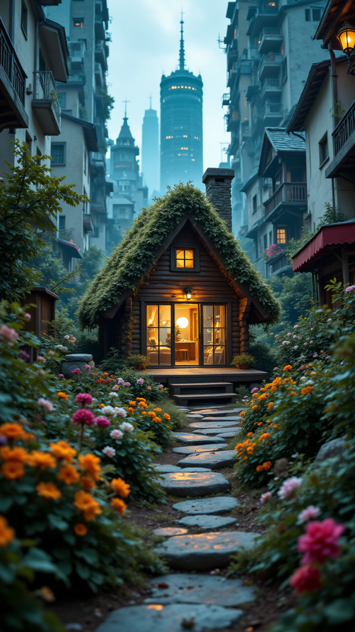 A cozy cabin nestled in the heart of a bustling city, surrounded by towering skyscrapers and colorful buildings. The cat's fur is soft and fluffy, Sony A7, cinematic lighting, aidmafluxpro1.1