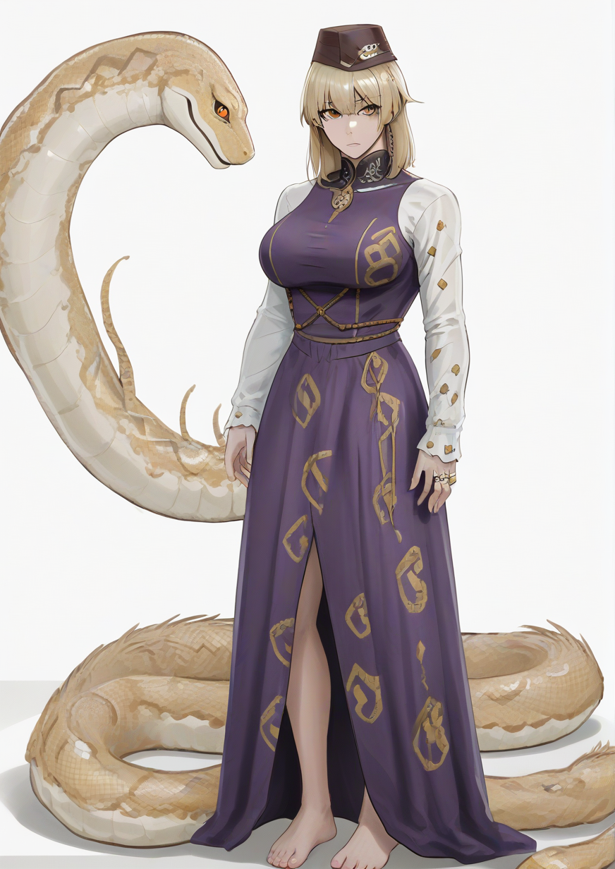 1girl, mishaguji, moriya suwako, huge breast, animal print, barefoot, blonde hair, blunt bangs, brown headwear, closed mouth, dress, embellished costume, expressionless, frog print, hair between eyes, hat, jewelry, long sleeves, looking at viewer, medium hair, purple dress, ring, rope, scales, shimenawa, sleeves past fingers, sleeves past wrists, snake, solo, standing, straight-on, very long sleeves, white sleeves, white snake, yellow eyes, zPDXL3  <lora:Blue_Ogre:1>