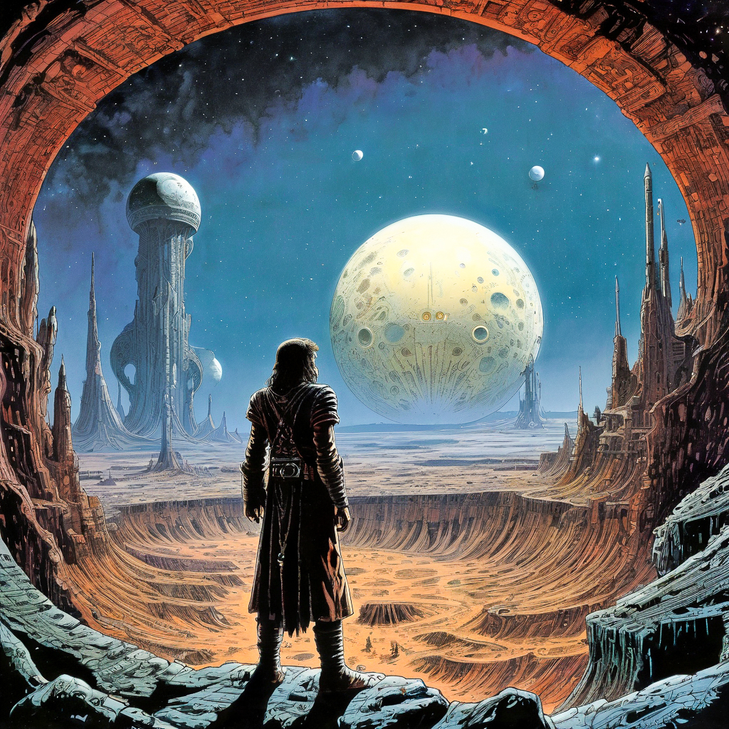philippe druillet,enki bilal,moebius inspired french comics art "a solitary explorer standing at the edge of a massive crater, gazing upon a dormant alien megastructure embedded within, the glow of multiple moons casting dramatic shadows and highlights", the contrast in colors and textures should be distinct retro-futuristic,grainy texture