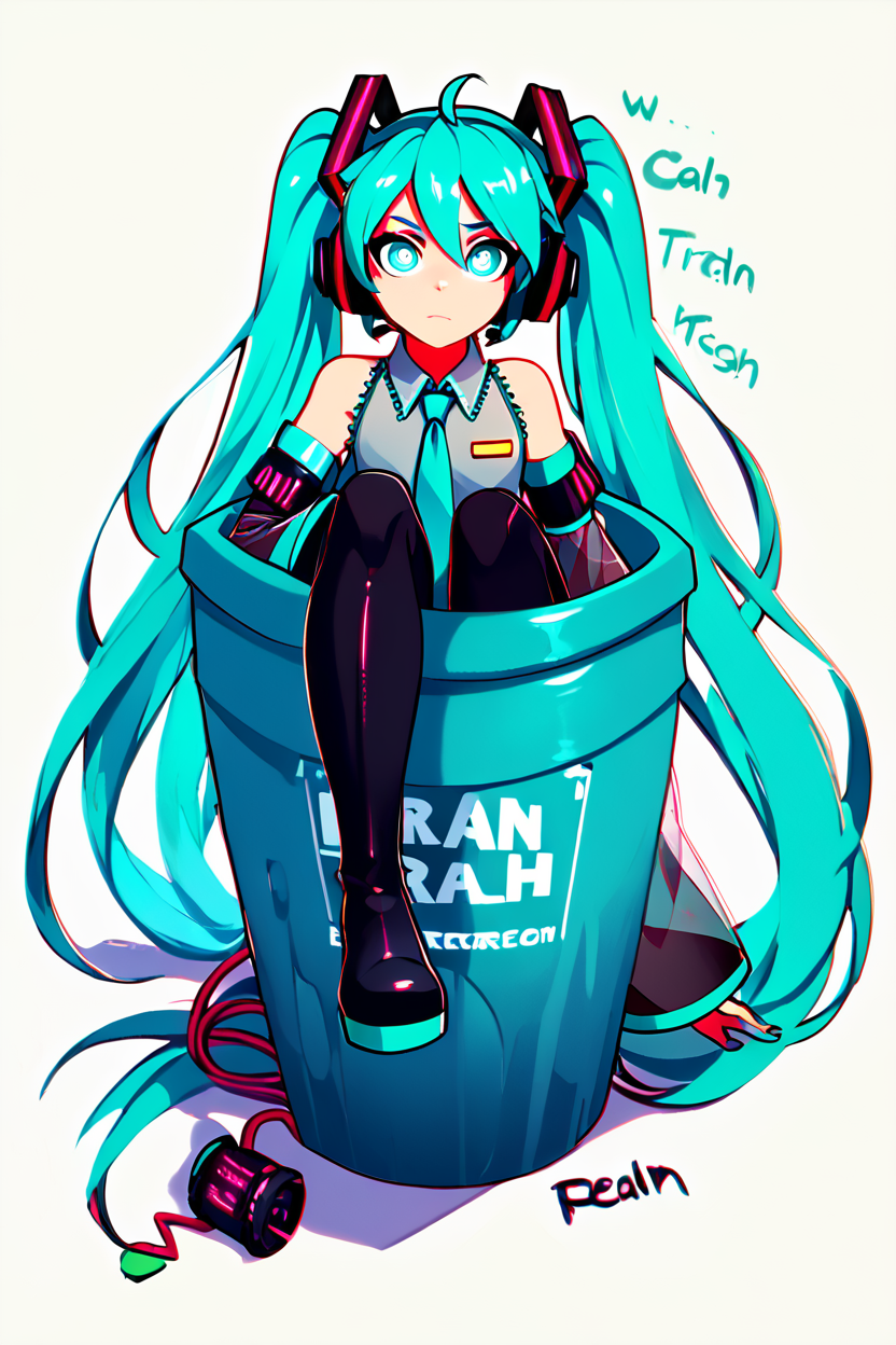score_9, score_8_up, score_8,   BREAK,  <lora:Trash_Waifu_PDXL:1.0>,  zzTrashWaifu, in trash can,   1girl, absurdly long hair, absurdres, ahoge, android, aqua eyes, aqua hair, aqua necktie, boots, bright pupils, cable, cheri zao, chromatic aberration, closed mouth, detached sleeves, glowing, glowing eyes, grey shirt, hatsune miku, hatsune miku (vocaloid3), headphones, highres, knee up, leg up, light frown, long hair, looking at viewer, mechanical parts, necktie, raised eyebrows, robot girl, see-through, see-through sleeves, shirt, simple background, thigh boots, twintails, very long hair, vocaloid, white background, white pupils, wide-eyed, wide sleeves  (text focus, the word trash:1),  BREAK,  embedding:zPDXL, Expressiveh,  <lora:CatalystStylePDXL:0.6>,  <lora:SDXLFaeTastic2400:0.5>,  <lora:Expressive_H-000001:0.4>,