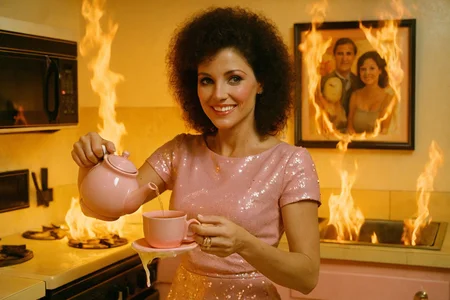 cinematic still, Gina Montana in the Scarface sequel pouring tea at a flaming Miami kitchenette, pink ceramic cups melting in her hands as she smiles politely, hair still styled perfectly, sequin dress absurdly pristine, upper body close-up, eye-level shot, background of a family portrait burning in reverse on the wall, mood of surreal domestic absurdity and haunted hospitality, overbright sitcom-style lighting, color theme of pastel pink, banana yellow, and coal black, style evoking ironic afterlife domesticity