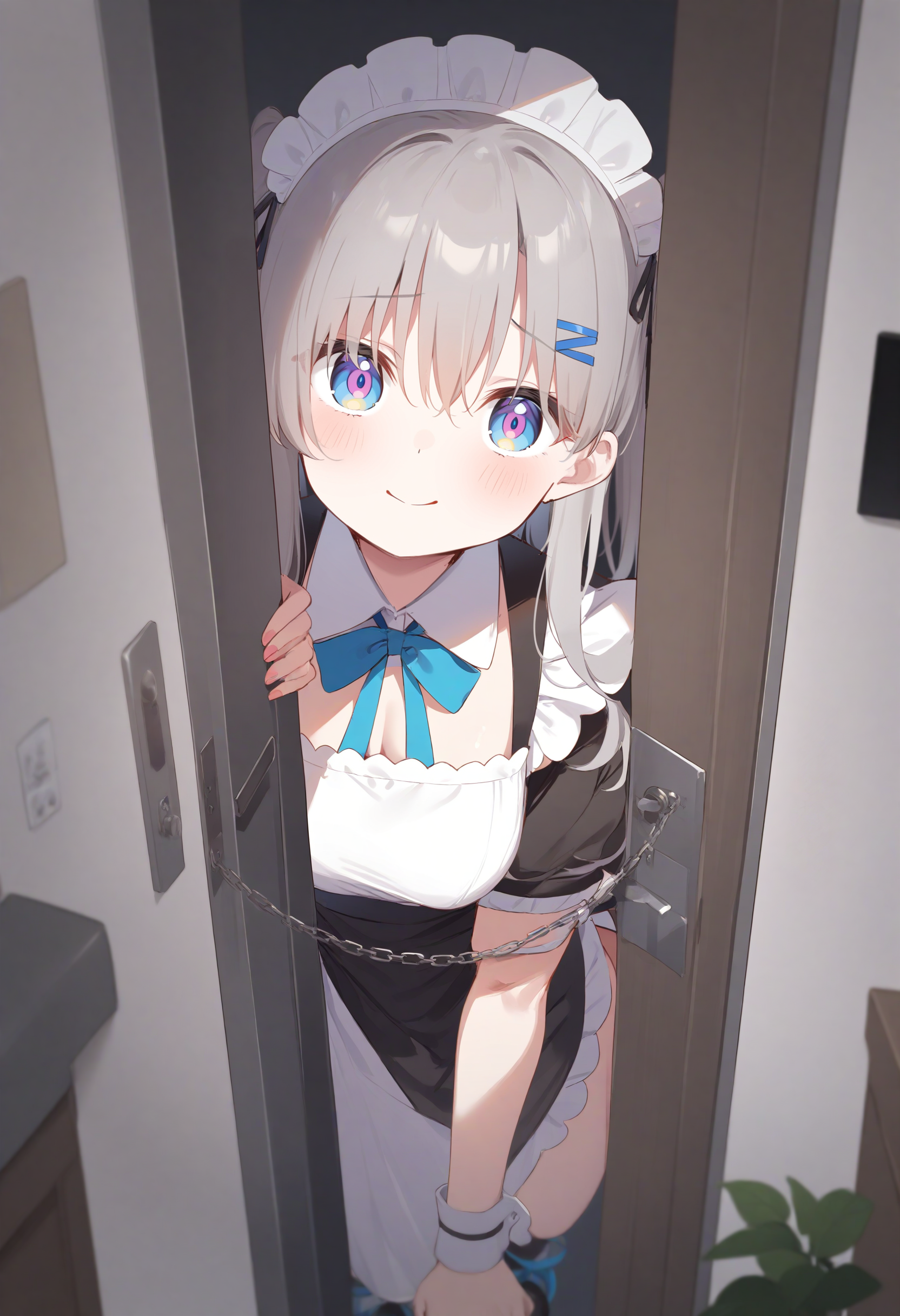 1girl,sincos, ningen mame, toosaka asagi,solo,medium breasts,20yo,maid,maid headdress,
door chain, peeking out, open door,<lora:doorchain_XL_v1:1.0>
chain, pov doorway, opening door, close-up,
from behind, full body, looking back, silver hair, pink eyes,crazy smile, in bar, closed mouth, tired hair,,
best quality, very aesthetic, absurdres ,