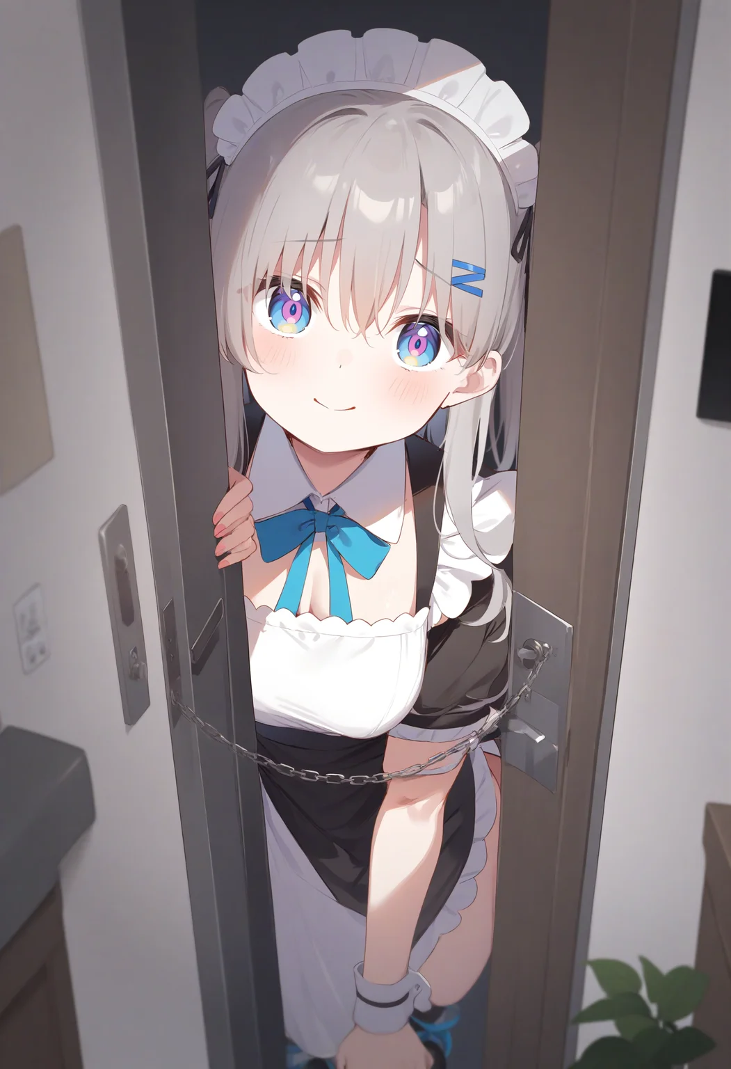 1girl,sincos, ningen mame, toosaka asagi,solo,medium breasts,20yo,maid,maid headdress,
door chain, peeking out, open door,<lora:doorchain_XL_v1:1.0>
chain, pov doorway, opening door, close-up,
from behind, full body, looking back, silver hair, pink eyes,crazy smile, in bar, closed mouth, tired hair,,
best quality, very aesthetic, absurdres ,