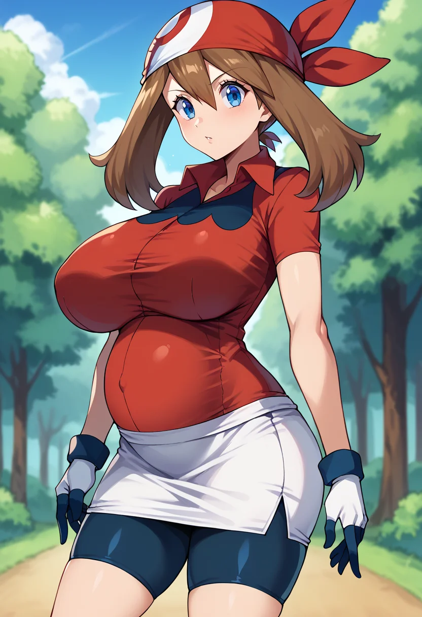 score_9, score_8_up, score_7_up, score_6_up, source_anime, BREAK
1girl, solo, huge breasts, pokemonmay, blue eyes, brown hair, bandana, long hair, red bandana, twintails, hair between eyes, early pregnancy, (small belly:1.3), baby bump, multicolored shirt, red shirt, collared shirt, gloves, pencil skirt, white skirt, bike shorts, standing, cowboy shot, outdoors, looking at viewer, <lora:EarlyPregnancy:1> <lora:May:0.8>
