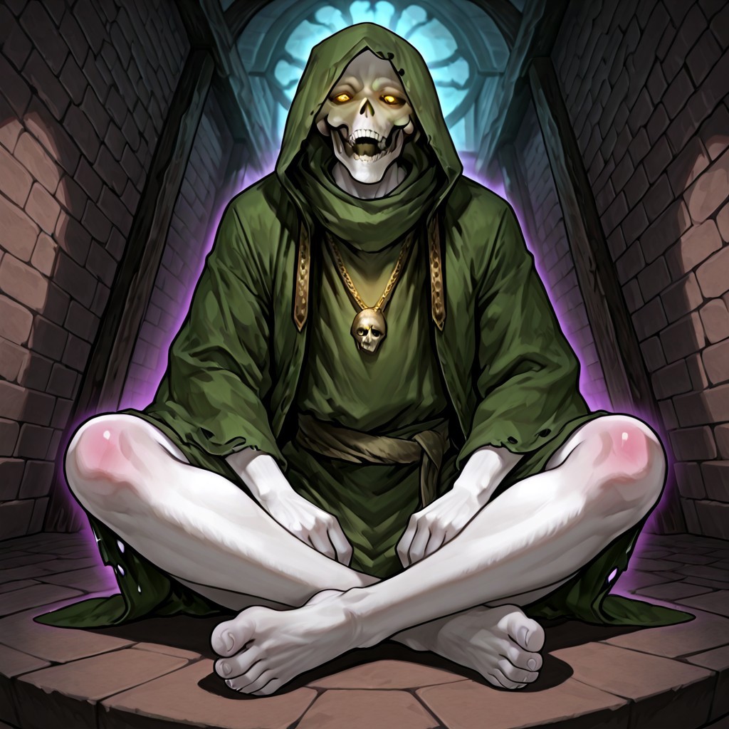 score_9,score_8,score_7,source_furry,
(masterpiece, best quality, high quality:1.2), detailed hands,character focus, detailed skins, body blush, cinematic shadow, character focus, ultra detailed background, 
 <solo:1.5>, <1boy:1.5>,
(anime:3.5), (dutch angle:1.5), from below, 
detailed skull, detailed face, detailed teeth,
polewiz, male focus, white skin, skull, bald, teeth, tongue, golden necklace, green hood, green cloak, green robes, torn robes, Olive color kanzugi, short kanzugi, green skirt, wide sleeve, (long sleeve:1.2), glowing eyes, yellow eyes, deep eyes hole, long fingernails, gaunt, bony, barefoot, (detailed toes:1.8), adult,
dark purple back ground, abyss, block wall, dungeon background, passageway in distance, (darkness:1.5),
(indian style:1.5),