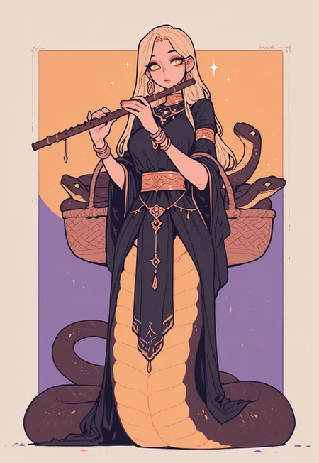 score_9, score_8_up, score_7_up, masterpiece, best quality, very aesthetic, incoth, (incase:0.6), detailed face, (dynamic:1), 1woman, blonde hair,  long hair, mature, lamia, snake girl, middle eastern outfit, golden eyes, white pupils, in basket, cobra, flute, entranced, Flatline, Flat vector illustration 
