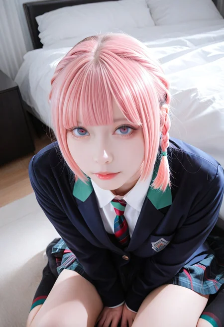 4K photo, very awa, masterpiece, best quality, highres, absurdres, realistic, photorealistic, photo, close-up, 1girl, japanese, KAF \(kamitsubaki studio\), short hair, braid, blue eyes, looking at viewer, school uniform, necktie, hotel, bed, sitting, scenery