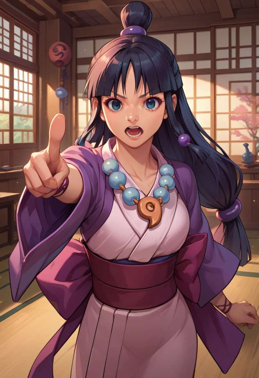 score_9, score_8_up, score_7_up, source_anime, solo, 1girl, maya fey, open mouth, looking at viewer, pointing at viewer, half updo, hair ornament, japanese clothes, kimono, sash, necklace, magatama, indoors, courtroom <lora:aa_mayafey_ponyXL:1>