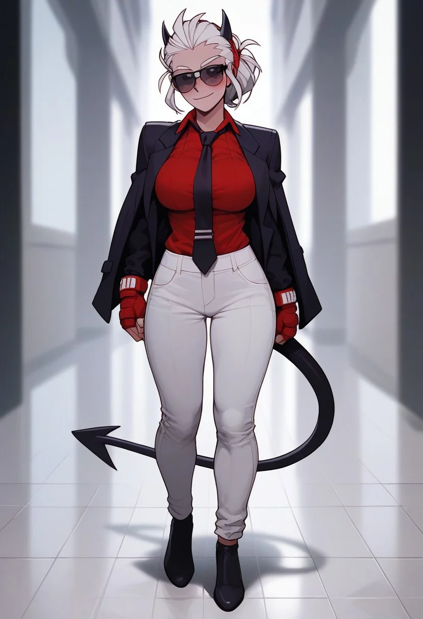 (masterpiece: 1.2), (detail: 1.1), (high resolution, best quality: 1.2), highly detailed background, Score_9, Score_8_up, Score_7_up, Score_6, Score_5, Score_4,
ultra detailed, aesthetic, 1 girl, ((((solo)))
perfect anatomy, 1girl, Justice from Helltaker, justicedef,
short hair, demon horns, sunglasses,
blush, seductive smile,
,female, athletic body, hourglass body, , (big breasts:1.3),perfectly round breasts, slim, Ideal round butt.thick thighs, demon tail
(partially clothed, black jacket,) red shirt, neckline, black necktie, loose office trousers.Fingerless fighting gloves, High heels,
(blurred background: 1.2), (looks at the viewer standing above: 1.1),