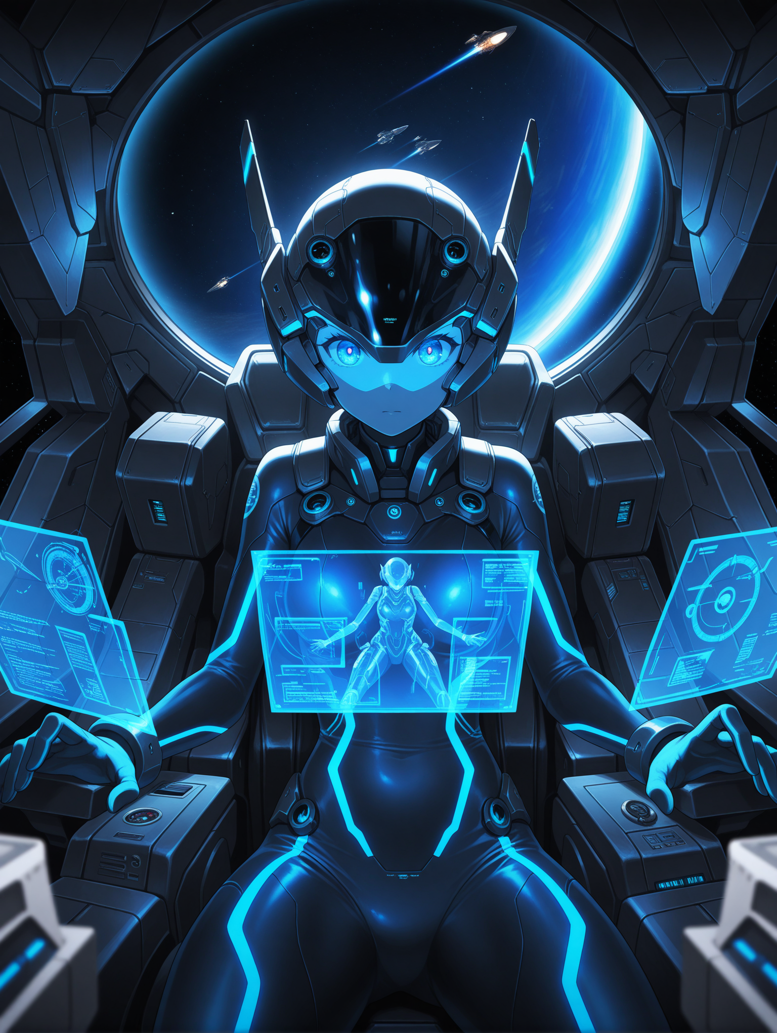scenery, science fiction, future, space, 1girl, close-up, cowboy shot, headgear, bodysuit, sitting cockpit seat, (narrow cockpit:1.2), translucent parts, determined, take control, floating holographic interface, instrument, glowing, cable, spacecraft, fighter, machinery, reflection, oil film, dark theme, (vivid color light:1.2), (blurry:1.2), holographic interface, blurry foreground,
,masterpiece,best quality,amazing quality,