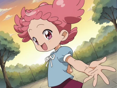 score_9, score_8_up, score_7_up, score_6_up, score_5_up, score_4_up,source_anime,anime screencap,uncensored,retro artstyle,1girl,flat chested,glistening body,shiny_skin,dewy skin,BREAK
<lora:pop_v1:0.85> harupop,pink hair, short hair, blue shirt, short sleeves, puffy sleeves, skirt,smile,inside,outside, looking at viewer, pink eyes,sunset, park,side view, solo,reaching out, hand behind back, open mouth, dutch angle,