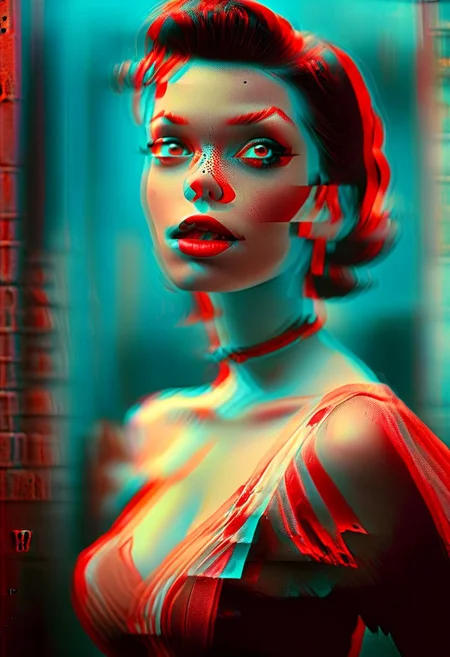 (real life, 1girl, 1950s pinup, seductively  looking at the viewer, clean brick red environment, grim style, horror lens effect, jarring optical effect, layered effects, dark shadows, hazy, grainy:1.2), (above pov, a woman looking aroused and eager, shocked, caped crusader, dark natural natural colors, HDR, 5mm:1.2), (glitch art by (Hans Feurer:1.1) and (Roe Ethridge:1.2)), glowing blue on black,