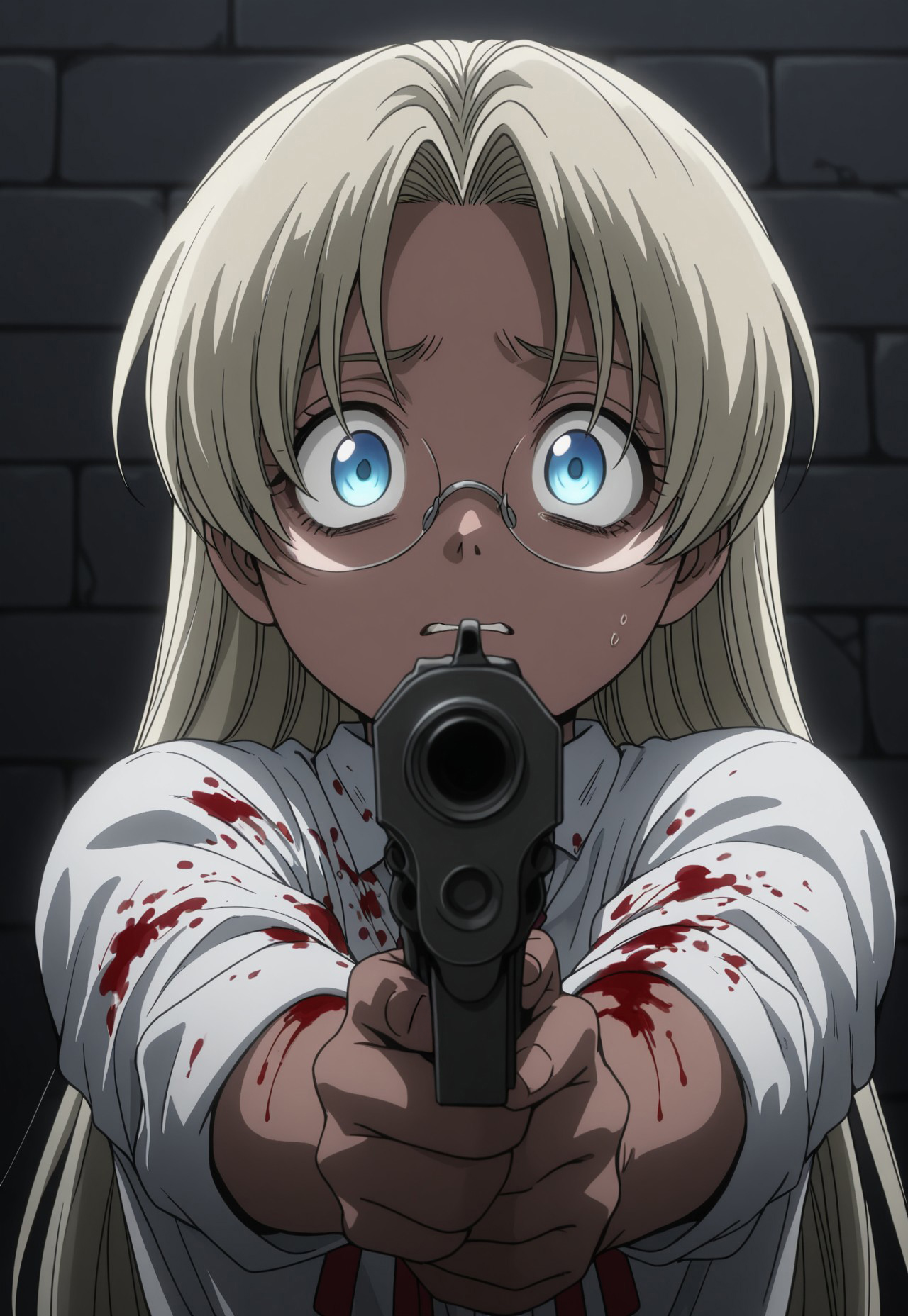 masterpiece, best quality, amazing quality, very aesthetic, absurdres, YoungIntegra, 1girl, child, blonde hair, very long hair, bangs, dark skin, blue eyes, glasses, white blouse, red neck ribbon, holding gun, scared, blood on clothes, dark, stone wall, portrait, aiming at viewer, looking at viewer, arm injury, blood on clothes, blood on arm