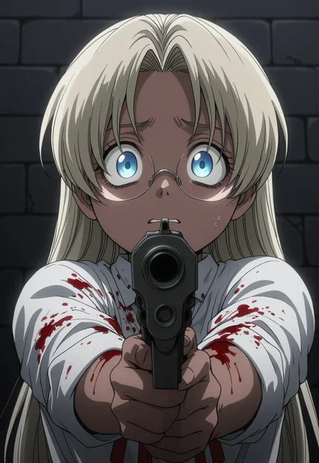 masterpiece, best quality, amazing quality, very aesthetic, absurdres, YoungIntegra, 1girl, child, blonde hair, very long hair, bangs, dark skin, blue eyes, glasses, white blouse, red neck ribbon, holding gun, scared, blood on clothes, dark, stone wall, portrait, aiming at viewer, looking at viewer, arm injury, blood on clothes, blood on arm