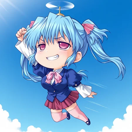 masterpiece, best quality, amazing quality, very aesthetic, official art, absurdres, ultra detailed, game cg, 
1girl, solo, chibi, cute, kondou_yuria(innyuu), twintails, blue hair, long hair, hair ribbon, pink eyes, large breasts BREAK 
blue school uniform, puffy detached sleeves, pink bow, red skirt, pink thighhighs,  
takecopter, school uniform, untucked shirt, skirt,  smug, clenched teeth, blue sky, arm up, raised fist, flying, advancing, speed lines, motion lines, full body, deep contrast of light and dark, ultra detailed <lora:takecopter_ILv10_v1:1> <lora:kondou yuria v1.0-000018:1>
