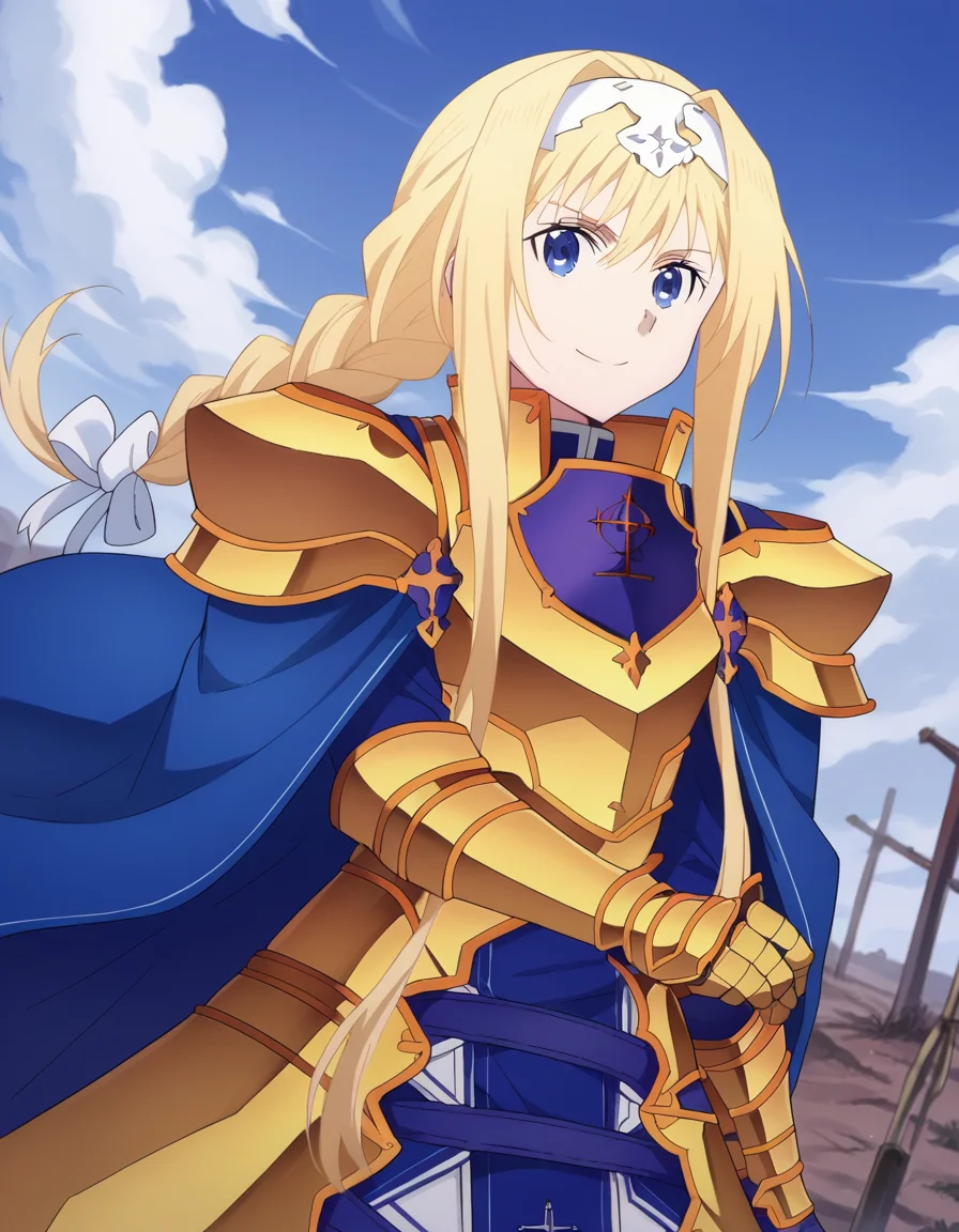 score_9, score_8_up, score_7_up, source_anime,
alicezuberg, <lora:alice-zuberg-s3-ponyxl-lora-nochekaiser:1>,
alice zuberg, bangs, blue eyes, blonde hair, hair between eyes, very long hair, braid, hairband, white hairband,
dress, cape, armor, blue dress, shoulder armor, gauntlets, pauldrons, breastplate, armored dress, faulds, blue cape, knight, gold armor, body armor,
outdoors, wasteland, smile,
solo, looking at viewer, cowboy shot, dutch angle,
