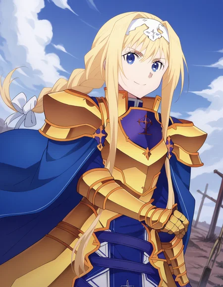 score_9, score_8_up, score_7_up, source_anime,
alicezuberg, <lora:alice-zuberg-s3-ponyxl-lora-nochekaiser:1>,
alice zuberg, bangs, blue eyes, blonde hair, hair between eyes, very long hair, braid, hairband, white hairband,
dress, cape, armor, blue dress, shoulder armor, gauntlets, pauldrons, breastplate, armored dress, faulds, blue cape, knight, gold armor, body armor,
outdoors, wasteland, smile,
solo, looking at viewer, cowboy shot, dutch angle,