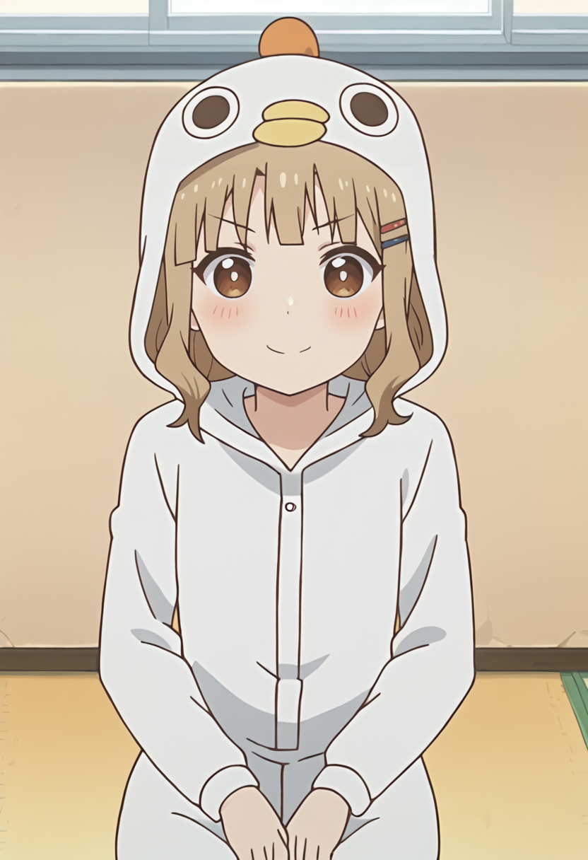 score_9, score_7_up, hd, (ultra hd quality details), source_anime, indoors,
solo, 1girl, oosaku, hairclip, anime screencap, 
kigurumi, animal costume,
looking at viewer, blush, smile, serious,
sitting, from above,
 <lora:_sakurako_oomuro-elesico-pony-e07:1>