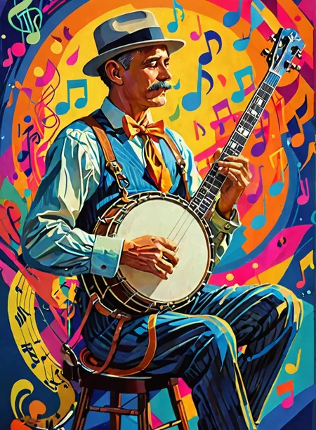 man  playing banjo  ,   music notes  , art deco<lora:add-detail-xl:1> extreme detail, high quality , dayglo  colors, flat colors <lora:hand 4:1>