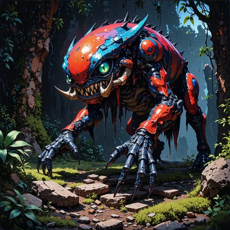 creature focus, full view, hyper-realistic, photo-realistic, very aesthetic, quaint and otherworldly scenery on a distant planet, extremely detailed, ultra high resolution, famous artwork inspired by phil foglio and igor sid, detailed glowing eyes, dark background, famous for its silky shiny fur is the unbelievable and stupendous predator known as "xenophilic thundertribble", it is a forest-dwelling life form, its astargled expressive eyes are gleaming with intelligence as it swogglefrinkles for the perfect moment to strike while hiding in the whippletorbig shadows of the primordial planet "lanterlon iv",a creature with symmetrical anatomy, dappled lighting, golden ratio, the color palette is predominantly obsidian black and light beige and scarlet and chartreuse and plum purple and ultramarine blue, style of charles-francois daubigny, <lora:style-charles-francois_daubigny-flux-by_tangbohu:0.76> <lora:image_upgrade-flux-by_zeronwo7829:0.72>
