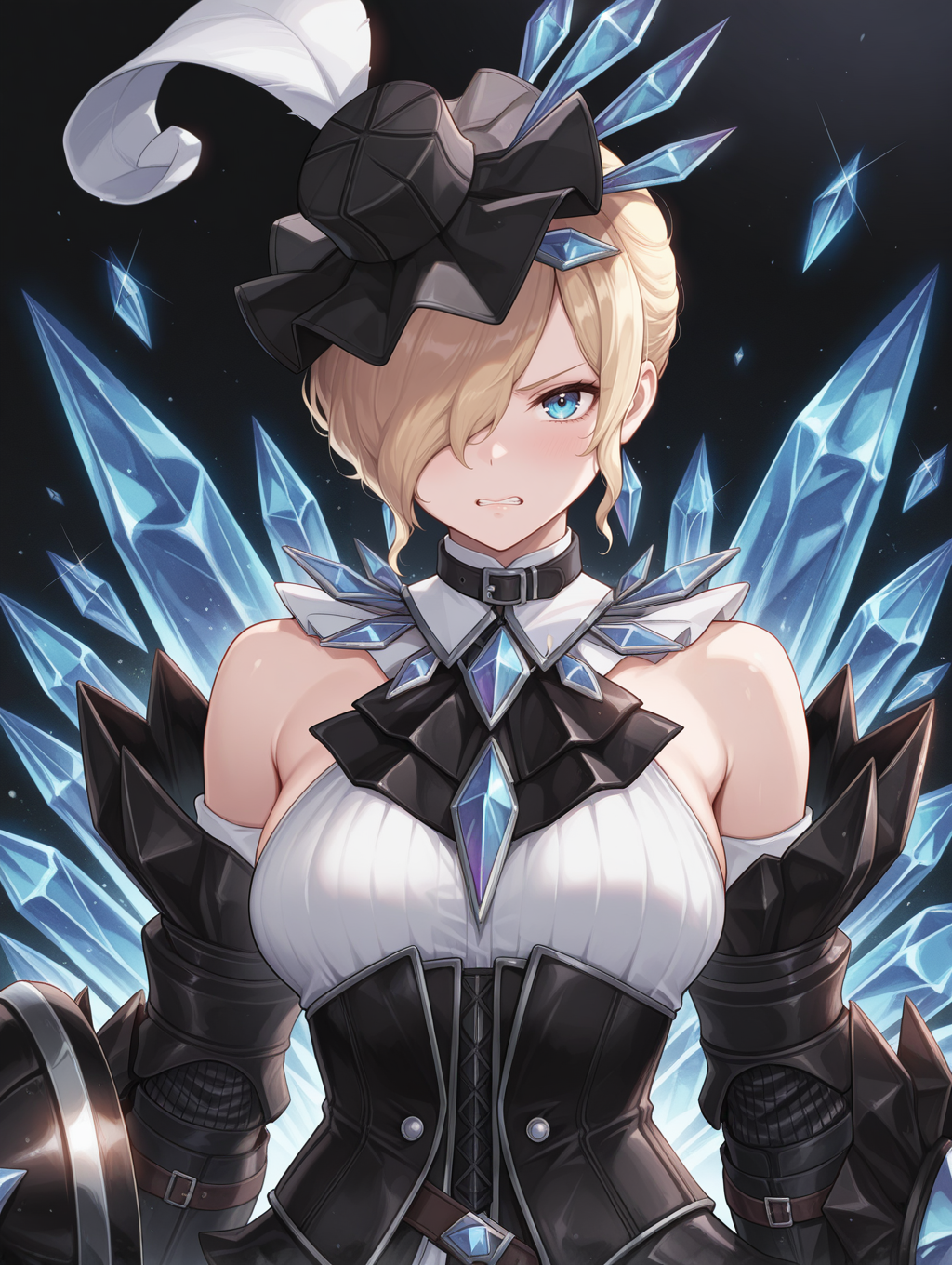 Akura Vashimu armor, 1girl, blue eyes, solo, short hair, blonde hair, looking at viewer, closed mouth, upper body, one eye covered, crystal, shield, black background, bare shoulders, black top hat, black belt collar, black armored dress, black corset, black armored gloves, hair over one eye,night, clenched teeth, 
masterpiece,best quality,amazing quality,very aesthetic,absurdres,newest,<lora:Akura Vashimu armor illuXL v1:0.76>,