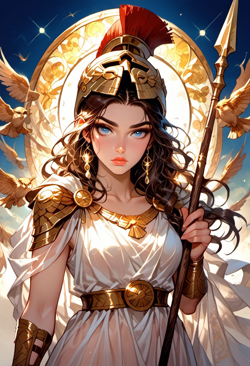 Stable_Yogis_PDXL_Positives, (score_9, score_8_up, score_7_up), ((zPDXL3)), ((zPDXLxxx)), ((Greek mythology style)), ((face focus, eye focus, dynamic angle, motion)), (1girl, solo), fantasy, (greek_athena, helmet ontop of head, brown hair, long hair, toga, armor, sandals), ((((sheer material, silk, semi-transparent clothes)))), (ancient greek clothes), (armor), (holding spear), lace, cape, breathless intimacy, tanned skin, petite model bombshell, heart, young, delicate features, narrow pointy nose, tiny nose, lust, big eyes, seductive eyes, blue eyes, detailed skin, flared lashes, mascara, makeup, perky huge breasts, athletic body, narrow waist, skinny hips, 
warm light, detailed, neon dark party
 BREAK
milky way, runes, arcane, astral, surreal, ethereal glow, masterpiece, best quality, intricate design. colorful, moonlit nightsky, stained glass aesthetic, moody whimsical color palette, murano glass, bold soldering lines, volumetric light shining through, crepuscular rays, intricate craftsmanship, detailed texture, luminous transparency, reflective light play, vivid hues, atmospheric depth, enchanting silhouette, art nouveau,