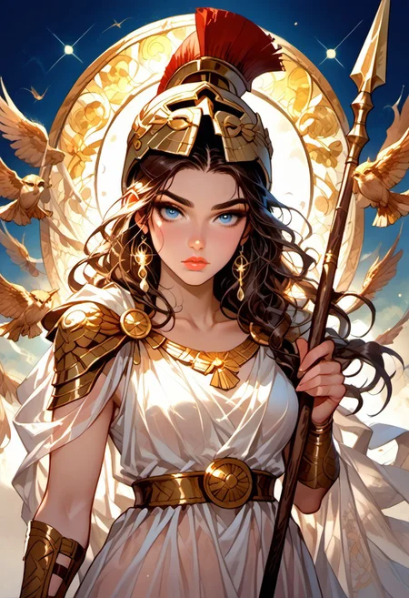 Stable_Yogis_PDXL_Positives, (score_9, score_8_up, score_7_up), ((zPDXL3)), ((zPDXLxxx)), ((Greek mythology style)), ((face focus, eye focus, dynamic angle, motion)), (1girl, solo), fantasy, (greek_athena, helmet ontop of head, brown hair, long hair, toga, armor, sandals), ((((sheer material, silk, semi-transparent clothes)))), (ancient greek clothes), (armor), (holding spear), lace, cape, breathless intimacy, tanned skin, petite model bombshell, heart, young, delicate features, narrow pointy nose, tiny nose, lust, big eyes, seductive eyes, blue eyes, detailed skin, flared lashes, mascara, makeup, perky huge breasts, athletic body, narrow waist, skinny hips,
warm light, detailed, neon dark party
BREAK
milky way, runes, arcane, astral, surreal, ethereal glow, masterpiece, best quality, intricate design. colorful, moonlit nightsky, stained glass aesthetic, moody whimsical color palette, murano glass, bold soldering lines, volumetric light shining through, crepuscular rays, intricate craftsmanship, detailed texture, luminous transparency, reflective light play, vivid hues, atmospheric depth, enchanting silhouette, art nouveau,