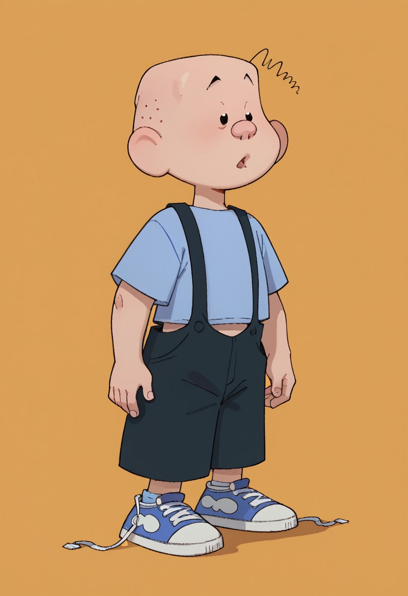 WangV2Style,
score_9, score_8_up, score_7_up, JoeyMacDonald, 1boy, solo, strand of black curly hair, light blue shirt, exposes stomach, black overalls, blue and white sneakers, loose laces