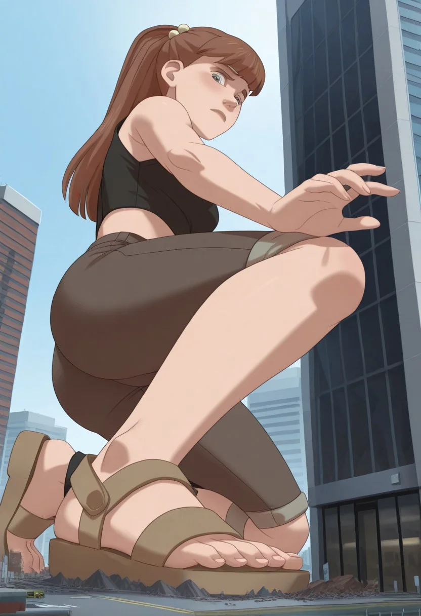 , giantess, full body view, foreshortening, foreshortening, Giantess, City, reaching for viewer, extremely close finger, kneeling, on one knee, giantess, from below, open toe sandals, best quality, absurdres, 1girl, solo, medium breasts, hips, embarrassed, round ass, perfect ass
score_9, score_8_up, score_7_up, score_6_up, <lora:monster_girlIL:0.9> m_g, 1girl, brown ponytail hair, bangs, hairpin, athletic body, grey eyes, wide hips, denim shorts, knee socks, crop top, bare shoulders, cute face,perfect anatomy
<lora:giantess-ponyxl-lora-nochekaiser:1> giantess, giant, city, building, outdoors, destruction,