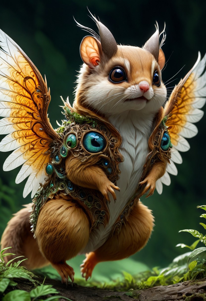 (masterpiece, best quality, stunning, extraordinary, photorealistic, hybrid creature, flying squirrel, centipede, (dramatic lighting, intricate sharp details, overgrown background, volumetric lighting, close-up view, (fantasy, surreal, dramatic, (incredibly detailed wings, intricate patterns, detailed eyes)))), trending on ArtStation, trending on Instagram