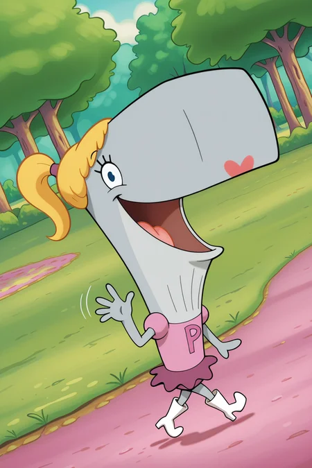 masterpiece, best quality, amazing quality, absurdres, solo, pearlkrabs, grey skin, smile, open mouth, waving, walking, dutch angle, looking at viewer, blonde hair, ponytail, pink dress, purple skirt, white heels, outdoors, park, trees, grass